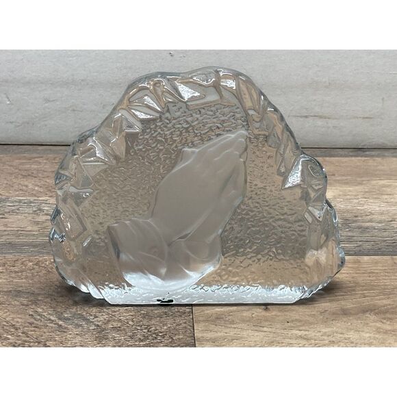 Vintage Viking Glass, Clear Frosted Praying Hands Paperweight Original Label EUC - Picture 1 of 4